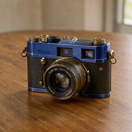 AI-generated cobalt blue camera from the single-reference edit.
