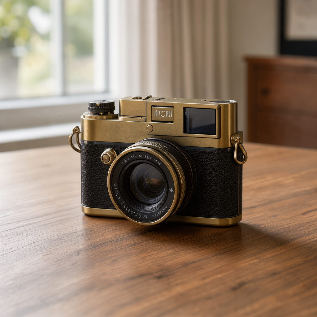 AI-generated brass camera at 1024 pixels.