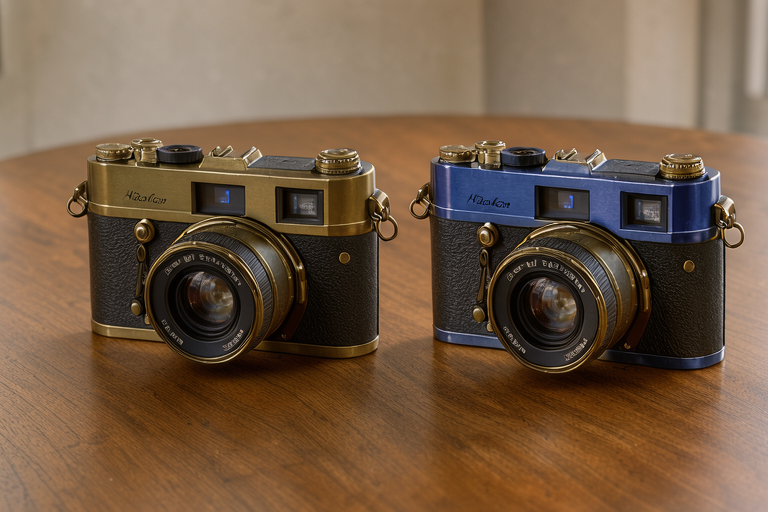 AI-generated composition using the brass and blue camera references.